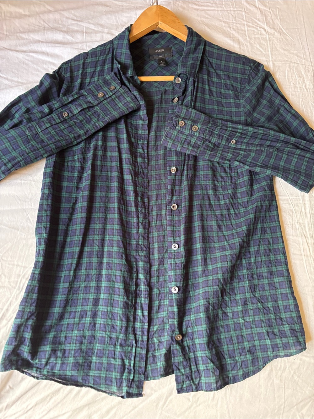 J. Crew Navy and Green Plaid Button-Up Top